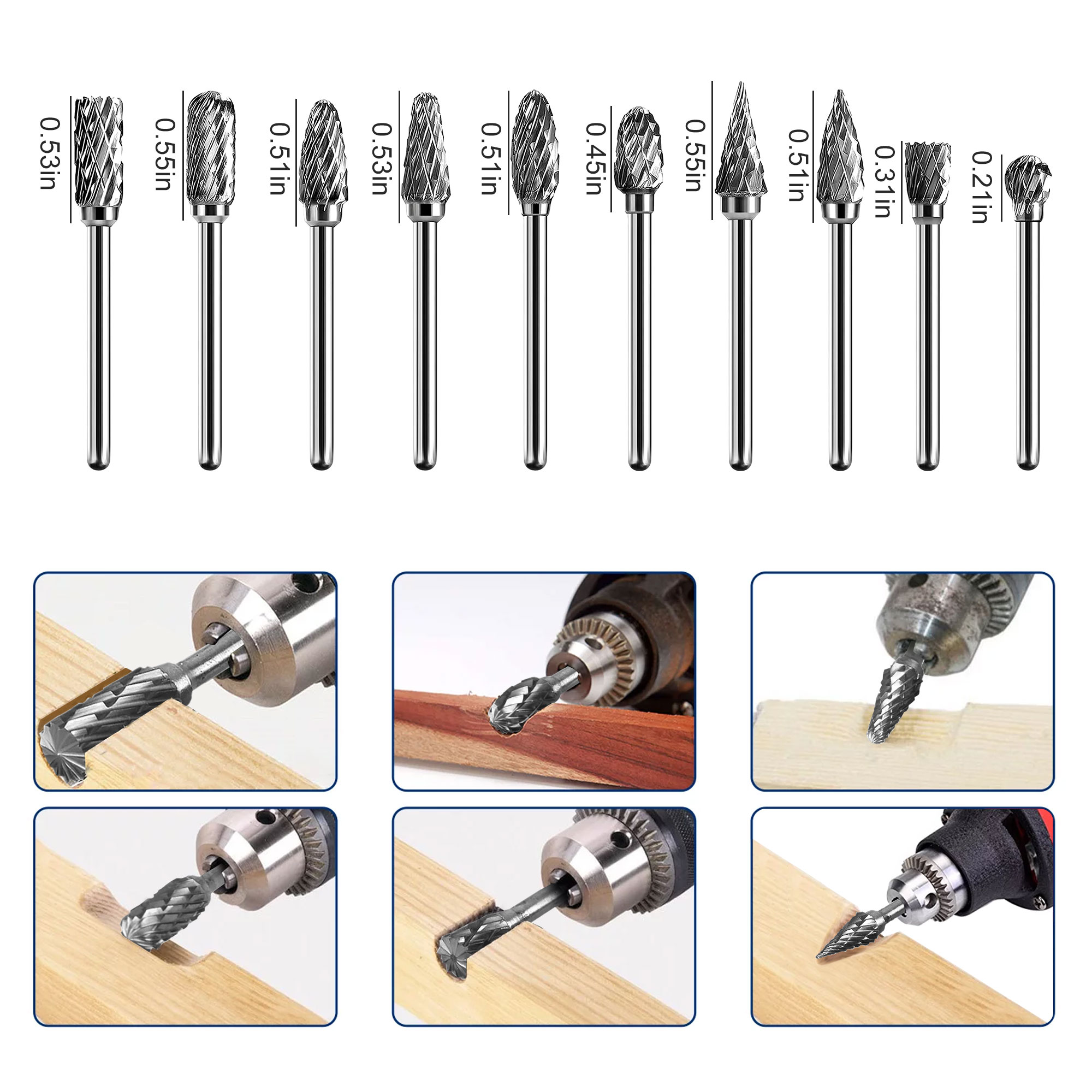 TSV 10pcs Carbide Burrs Fit for Dremel, 1/8 Shank Double Cut Tungsten  Carbide Rotary Bits for Carving Engraving Polishing